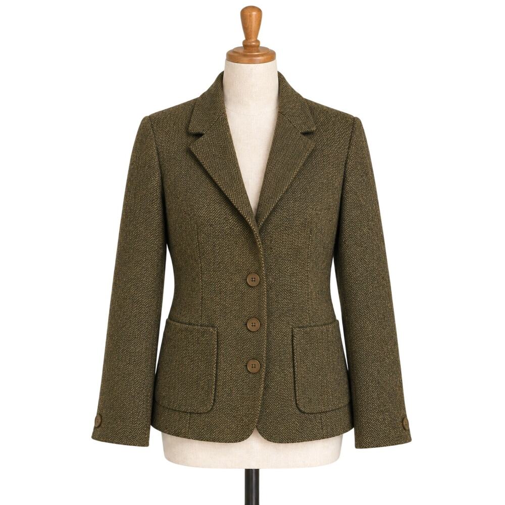 Vintage Laura Ashley Pure New Wool Herringbone Blazer Women’s 6 Olive Green